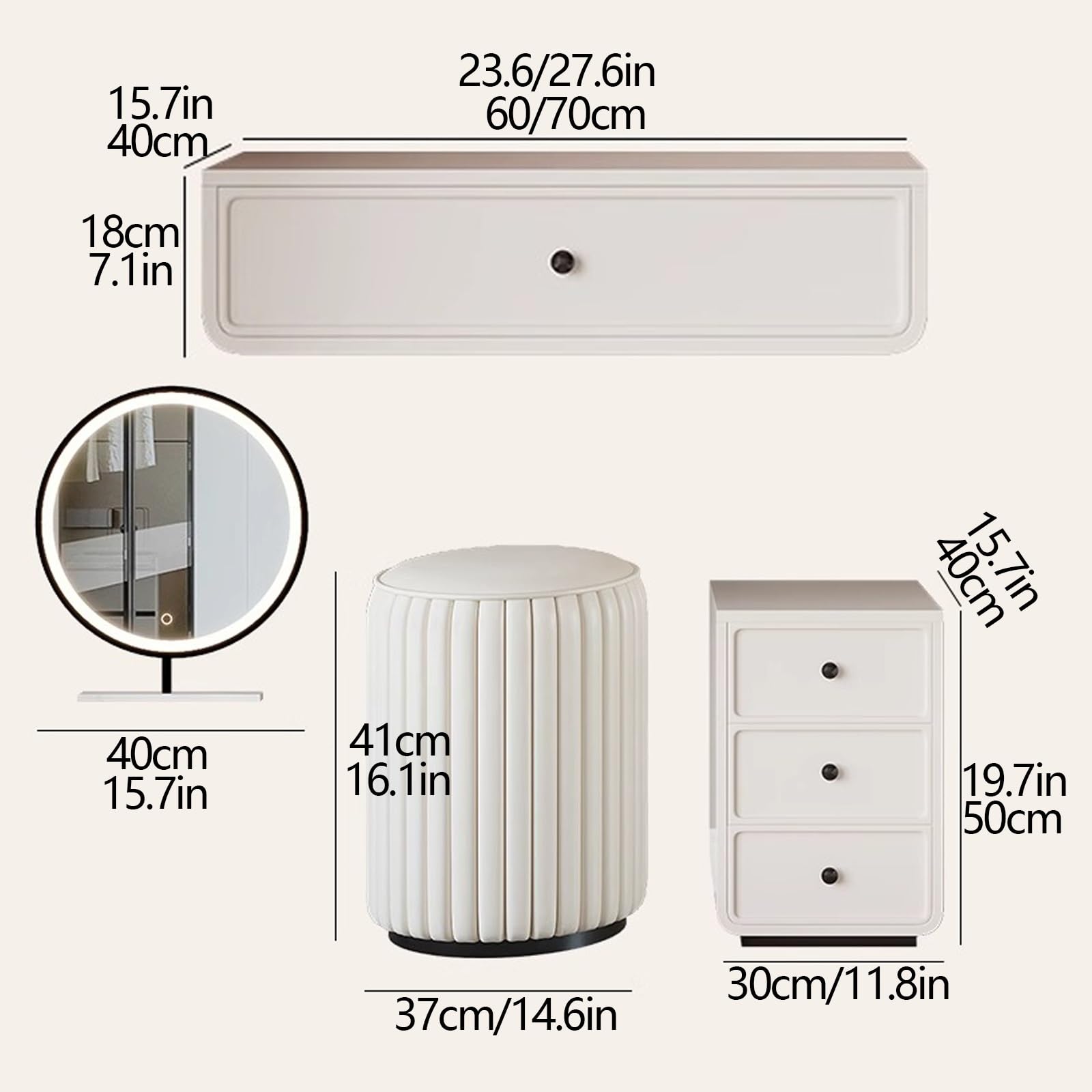 Tavolo da trucco galleggiante moderno con armadietto laterale e sgabello, postazione trucco da parete con specchio e illuminazione, per camera da letto (60 cm)