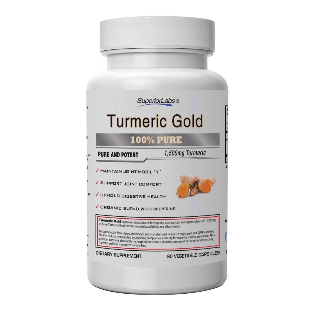 Superior LabsOrganic Turmeric Curcumin (95% curcuminoids) with BioPerine | Pure NonGMO 1500mg (Organic Blend) | Zero Synthetic Additives - Powerful Formula Joint, Knees, HIPS, Immune System