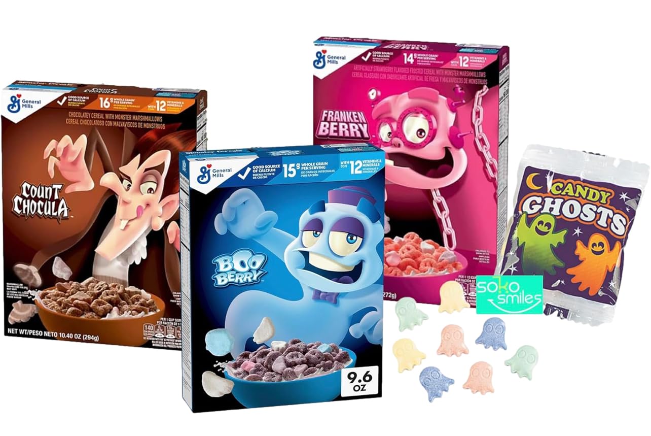 Monster Breakfast Variety Pack Cereals | Featuring Boo Berry, Frankenberry and Count Chocula Flavored Cereals | Bundled with Halloween Fun Marshmallow and Soko Smiles Ghosts Candy.