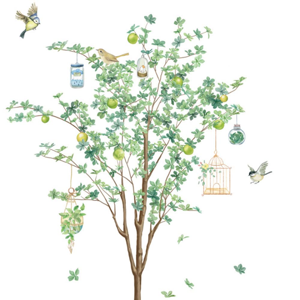 Green Tree Wall Decals Birds Tree Wall Decor Girdcage Tree Wall Stickers Removable Peel and Stick Art DIY for Kids Nursery Bedroom Living Room Classroom Decoration