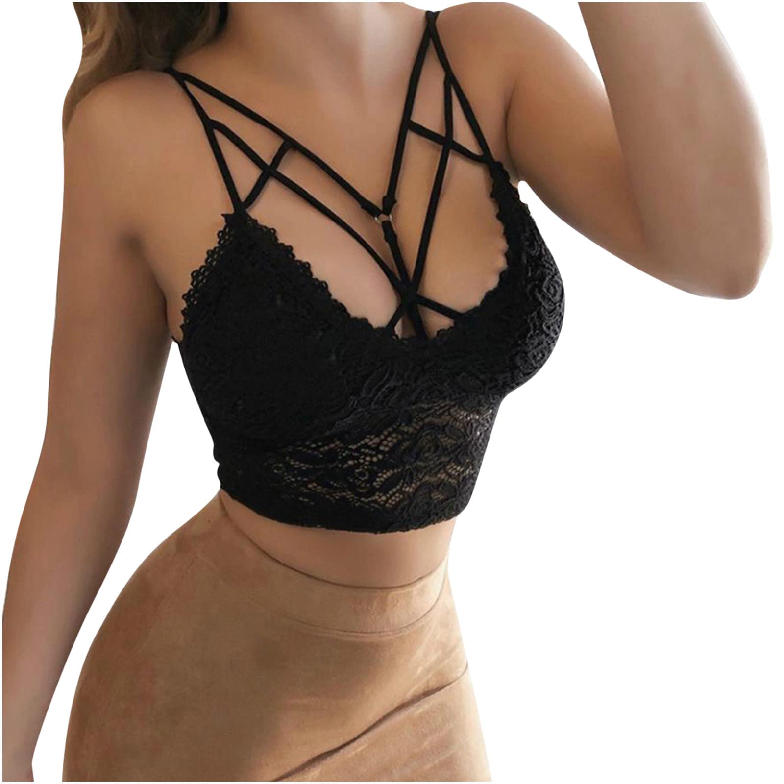 Womens Floral Lace Crisscross Bralette Spaghetti Strap Padded Long Line Bra Sexy Hollow Out Longline Bralette