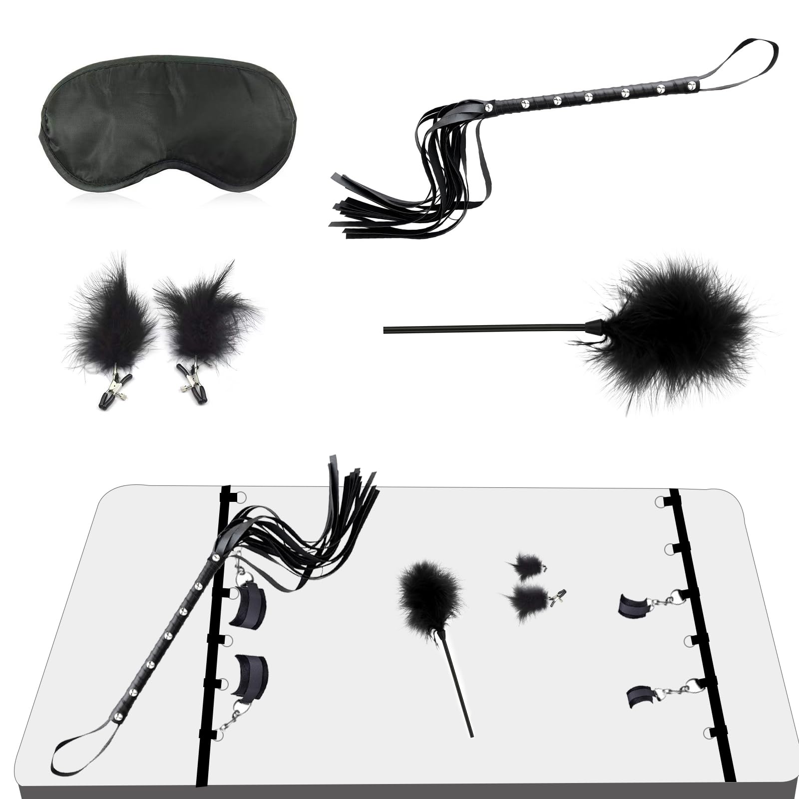 Menottes Bondage Set 26 Pièces,Menottes Lit Plug Anal Godemiché Anneau Pénis,Choker Pinces à Tétons Aspirateur à Tétons Masque Pour Les Yeux Fouet Bâillon Toys