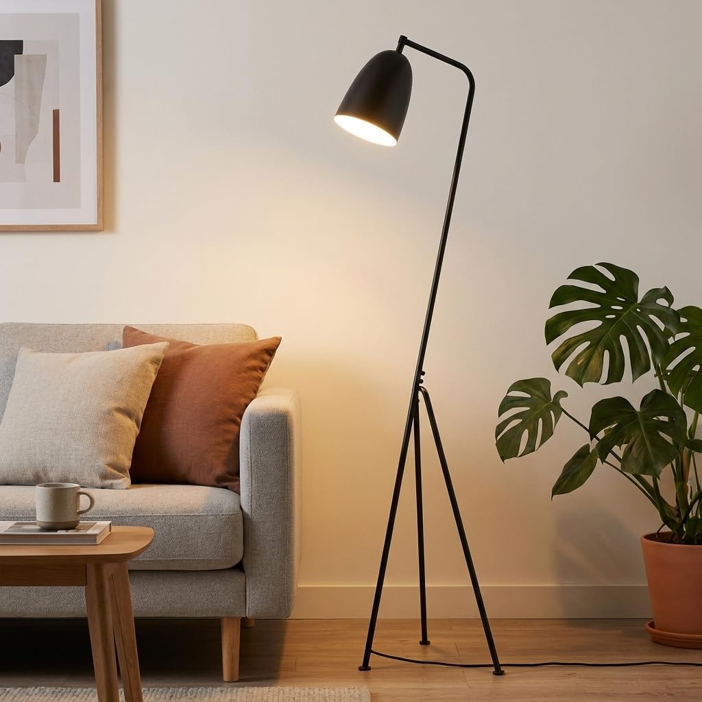 BARCELONA LED Lámpara de Pie Negra “Shoppen” Trípode 160cm, Lámpara de Suelo Negra Estilo Mid Century Nórdico Industrial, Pantalla Orientable E27, Diseño Moderno para Salón Dormitorio