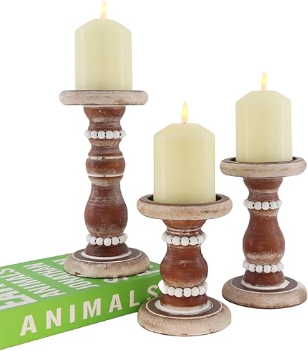 Portavelas con cuentas de madera rústica, juego de 3, portavelas estilo granja, decoración de madera hecha a mano para el hogar y la mesa