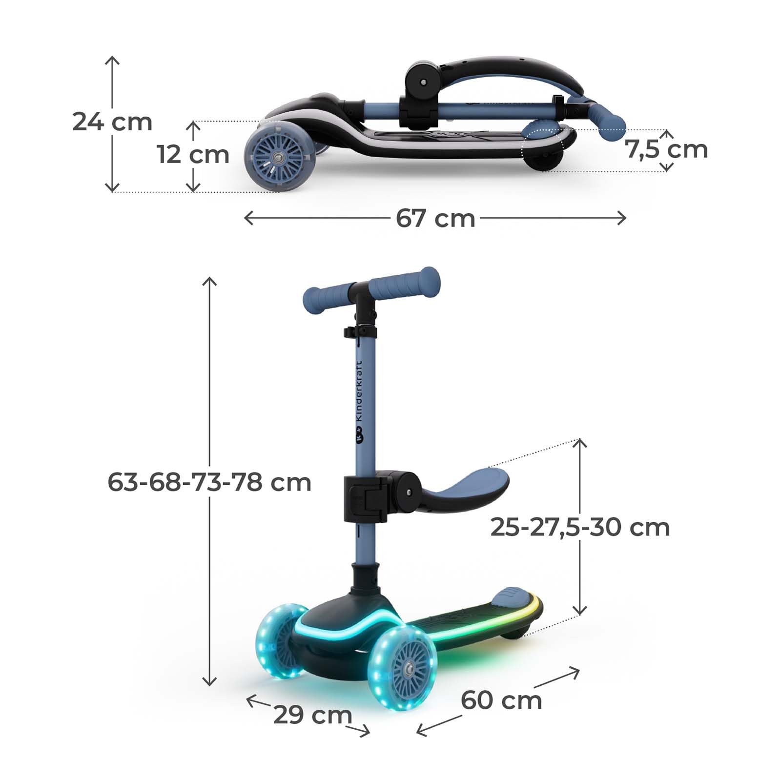 Kinderkraft RAKET UP 2-in-1 Scooter mit Sitz, LED Trittbrett, RGB Rollen, Klappbar, Leichtlaufrollen, Lenker 4-Fach Verstellbar, Ziehbar wie Koffer, Für Kinder, Blau