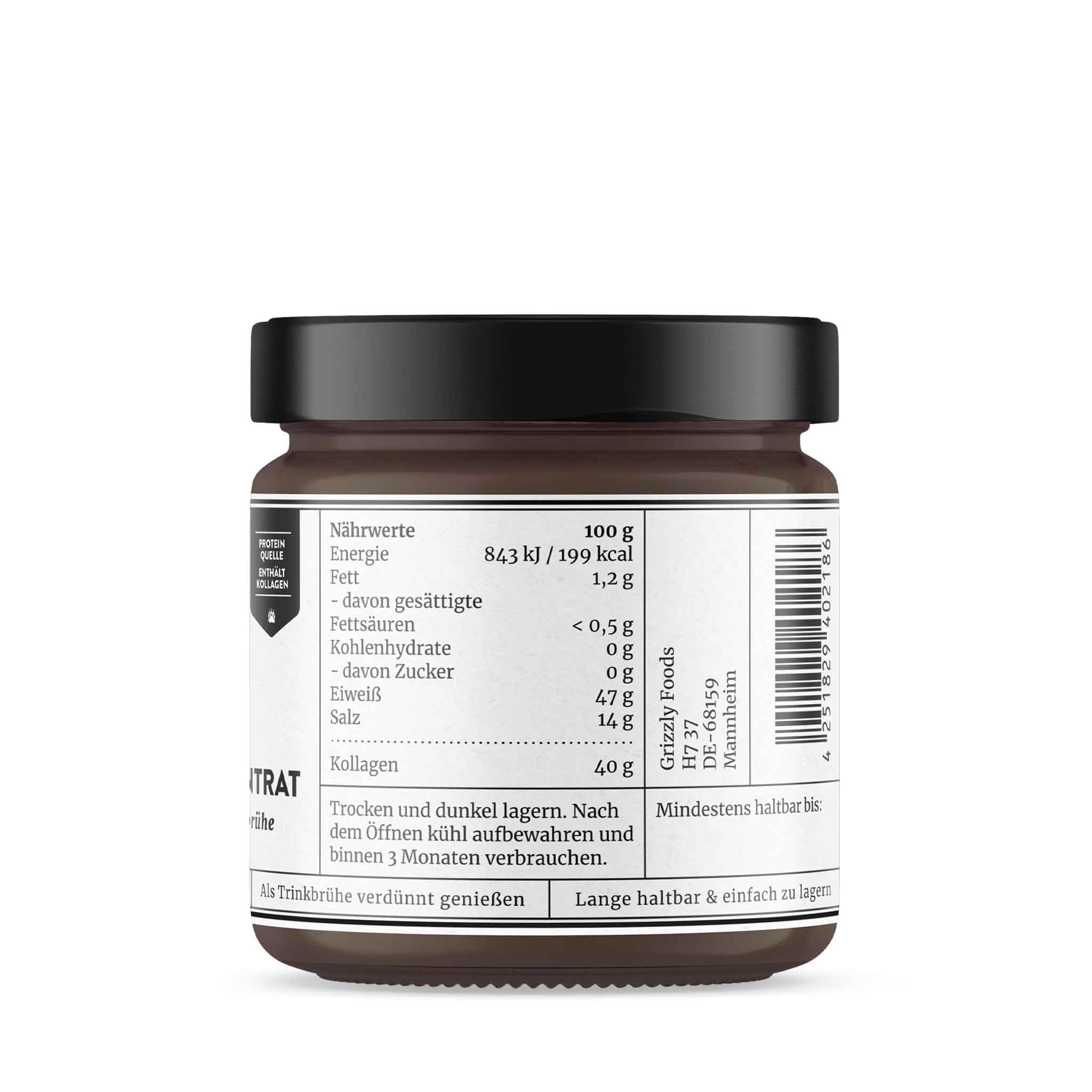 Grizzly Foods Bio Knochenbrühe Konzentrat vom Rind 220g 88g Kollagen proteinreich Trinkbrühe Kochbasis