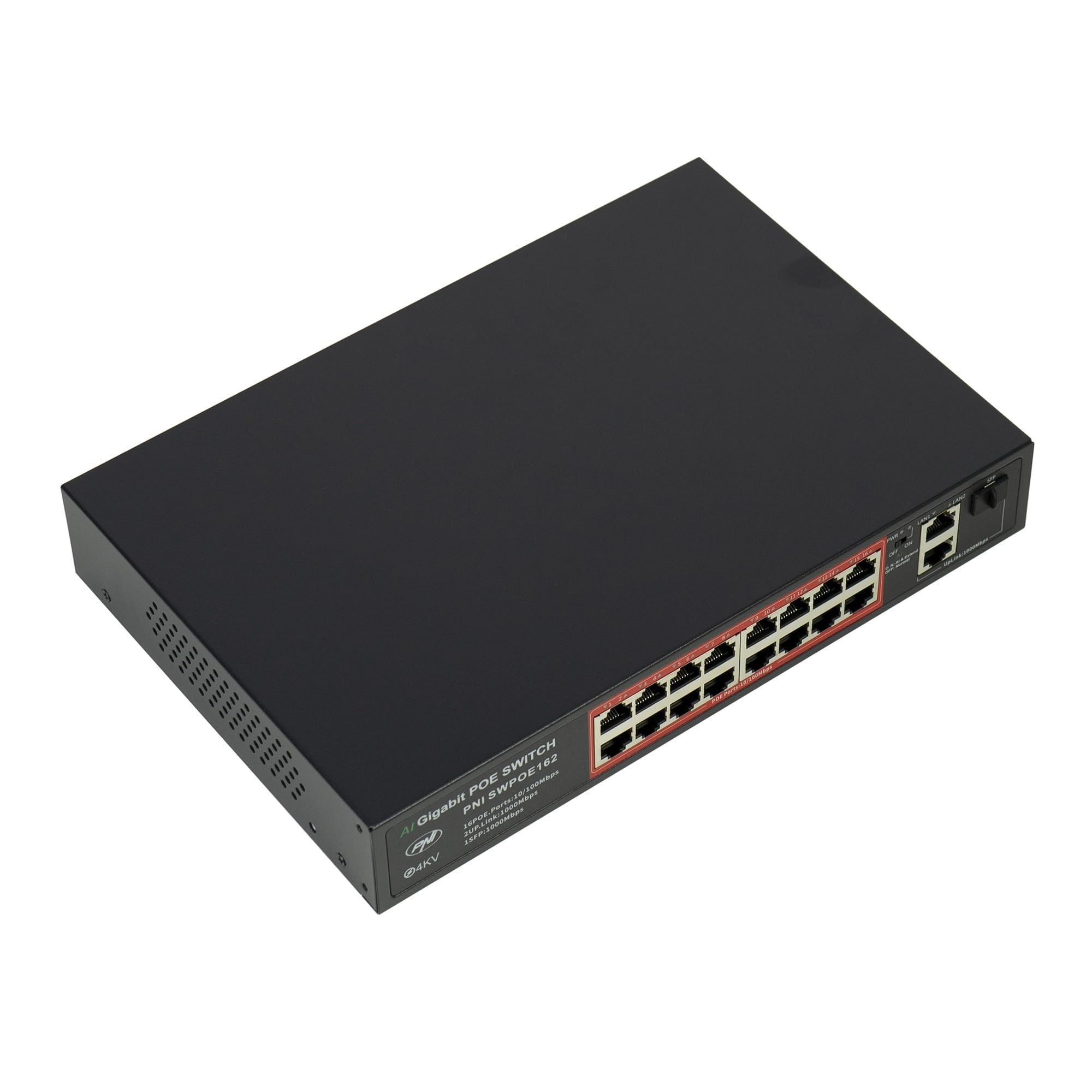 Conmutador PoE PNI SWPOE162, 16 Puertos PoE de 100 Mbps, 2 Puertos UP Link de 1000 Mbps, 1 Puerto SFP de 1000 Mbps, 240 W, función AI Extend hasta 250 m, protección contra Rayos de 4 kV