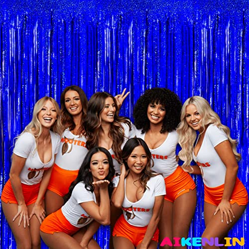 Image of 4 Pack 3.2Ft x 8.2Ft Blue Foil Fringe Curtain Backdrop, Metallic Tinsel Foil Fringe Streamers Curtains Background for Photo Booth, Birthday, Wedding, Disco, Bachelorette, Christmas Party Decoration