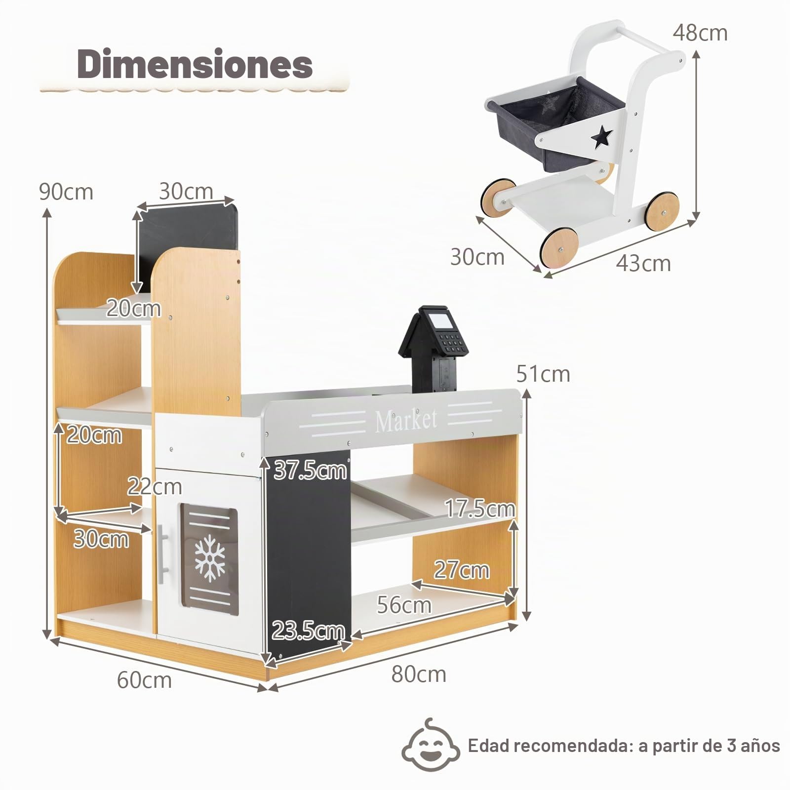 HOMASIS Juego de supermercado de Madera para niños, Tienda Infantil con Carrito, registradora y 2 pizarras, Puesto de Mercado Educativo, Juguete Creativo para niños de 3+ años, 80x60x35cm, Multicolor
