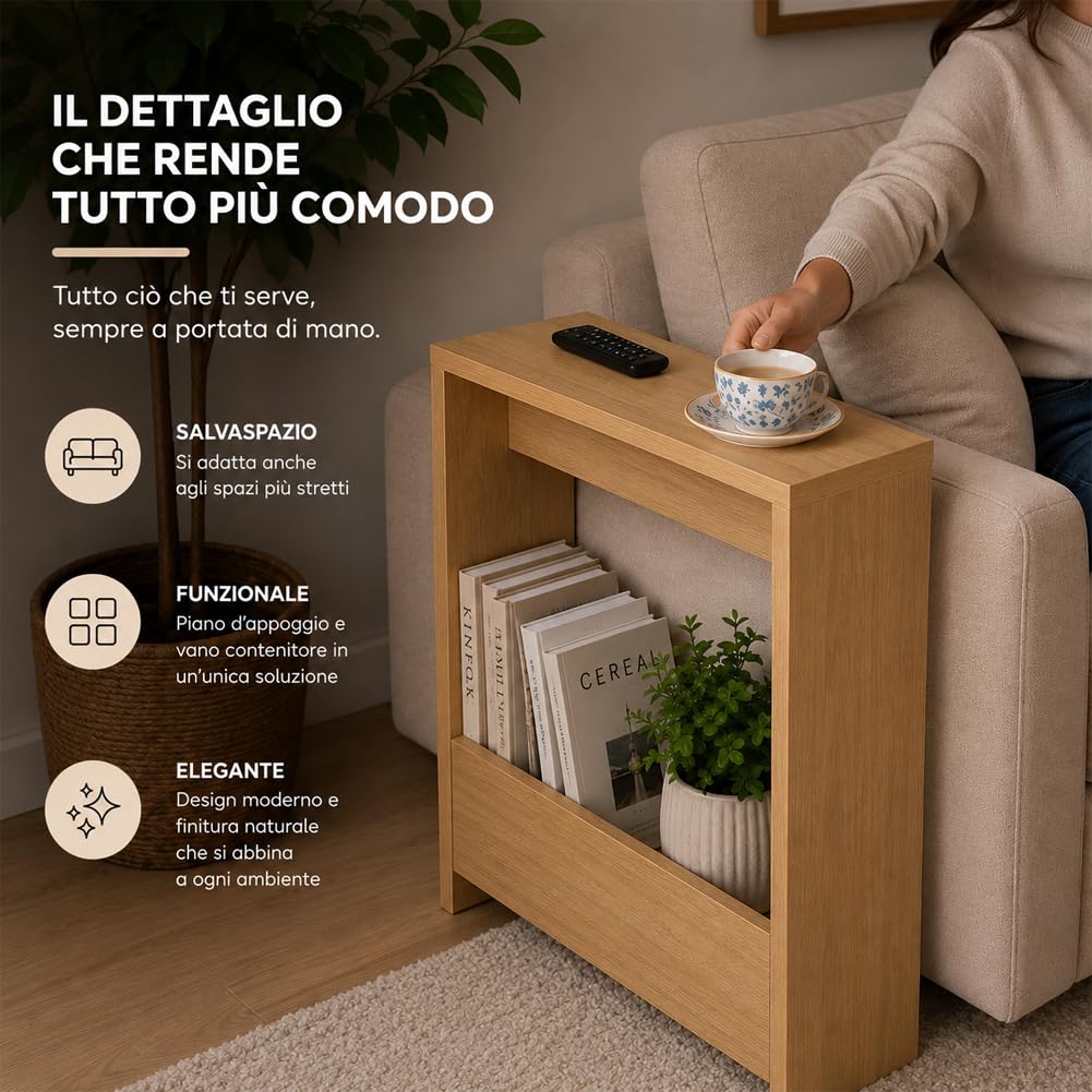 Shally Dogan Tavolino Laterale Divano Salvaspazio, Tavolo Multifunzione per Ingresso, Console Versatile Design Minimal, Mobile Doppio Ripiano Struttura Resistente, 55 x 20 x 60 cm (Quercia)