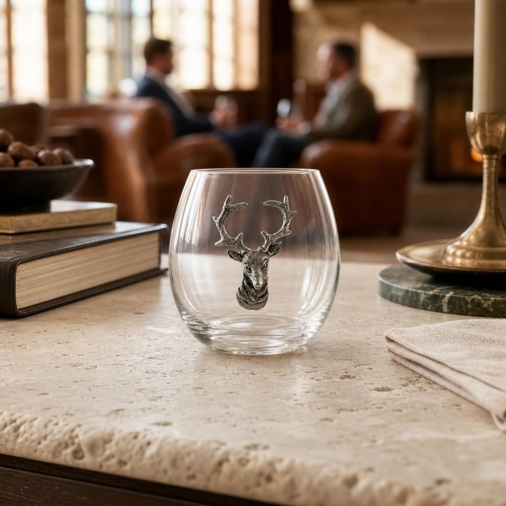 Vagabond House Copa de vino sin tallo de ciervo/alce, cristal soplado a mano de alta calidad, estilo cabaña, perfecta para vino rojo/blanco, 3.25 pulgadas de alto, 12 onzas, mejora tus degustaciones