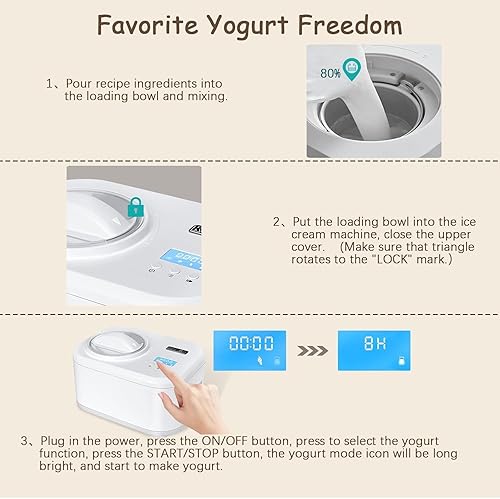Miniatura 8 de KUMIO Máquina automática de helados de 1 cuarto de galón con compresor, sin precongelación, 4 modos de yogur congelado con pantalla LCD y