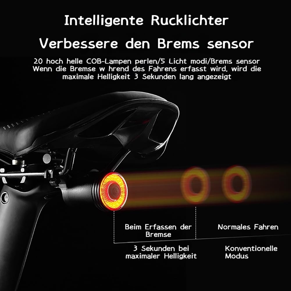 Fahrrad Smart Rücklicht | Auto ON/Off Led Fahrrad Rücklicht USB-C Aufladbar Batterie | Fahrradlicht Hinten IPX6 Wasserdicht für Rennrad, MTB, E-Bike (2025 EU-Patente)