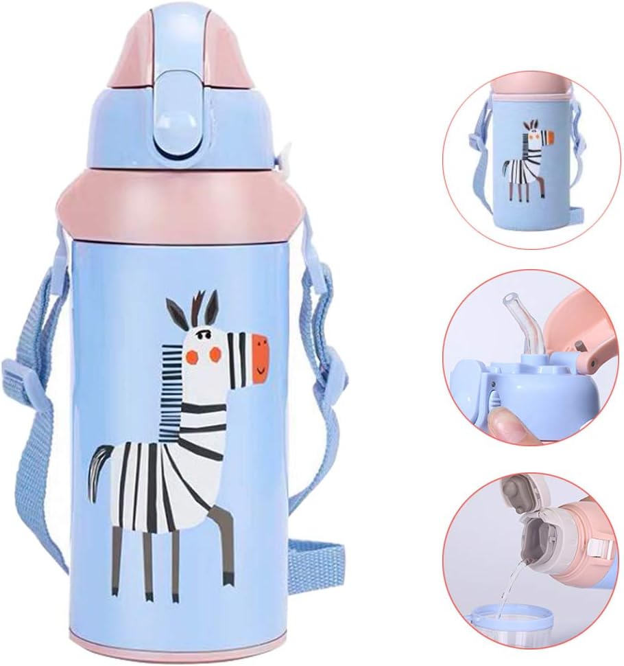 Sanry Children Water Bottle with Two Caps,Vacuum Insulated Stainless Steel Sippy Cup,Outdoor Flask,19OZ (19OZ, Blue Horse)
