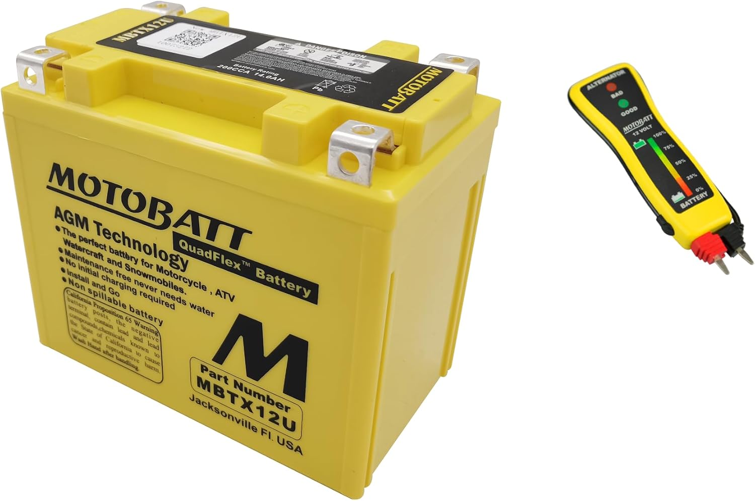 Motobatt MBTX12U QUADFLEX AGM Factory Activated + Motobatt 12V Voltmeter-Pocket Tester FREE