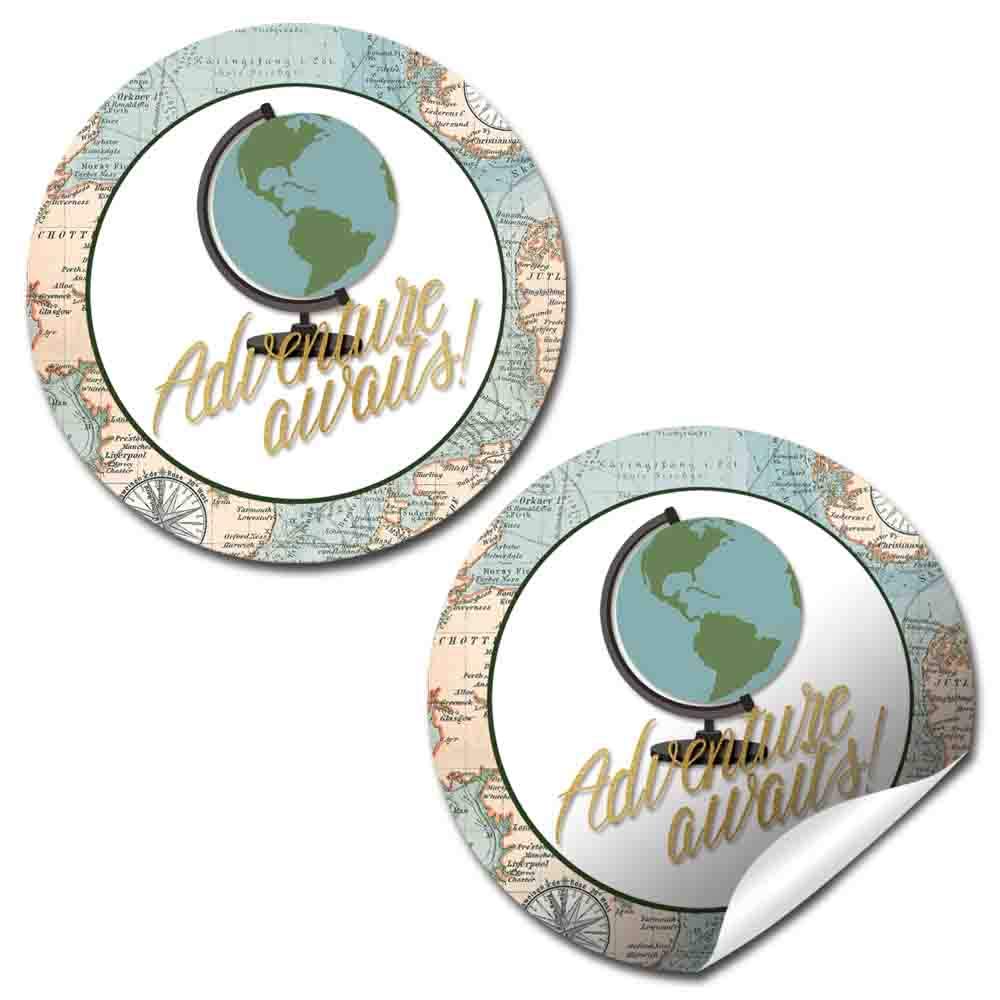 Adventure Awaits World Traveler Gender Neutral Baby Shower Thank You Sticker Labels, 40 2" Party Circle Stickers by AmandaCreation, Great for Party