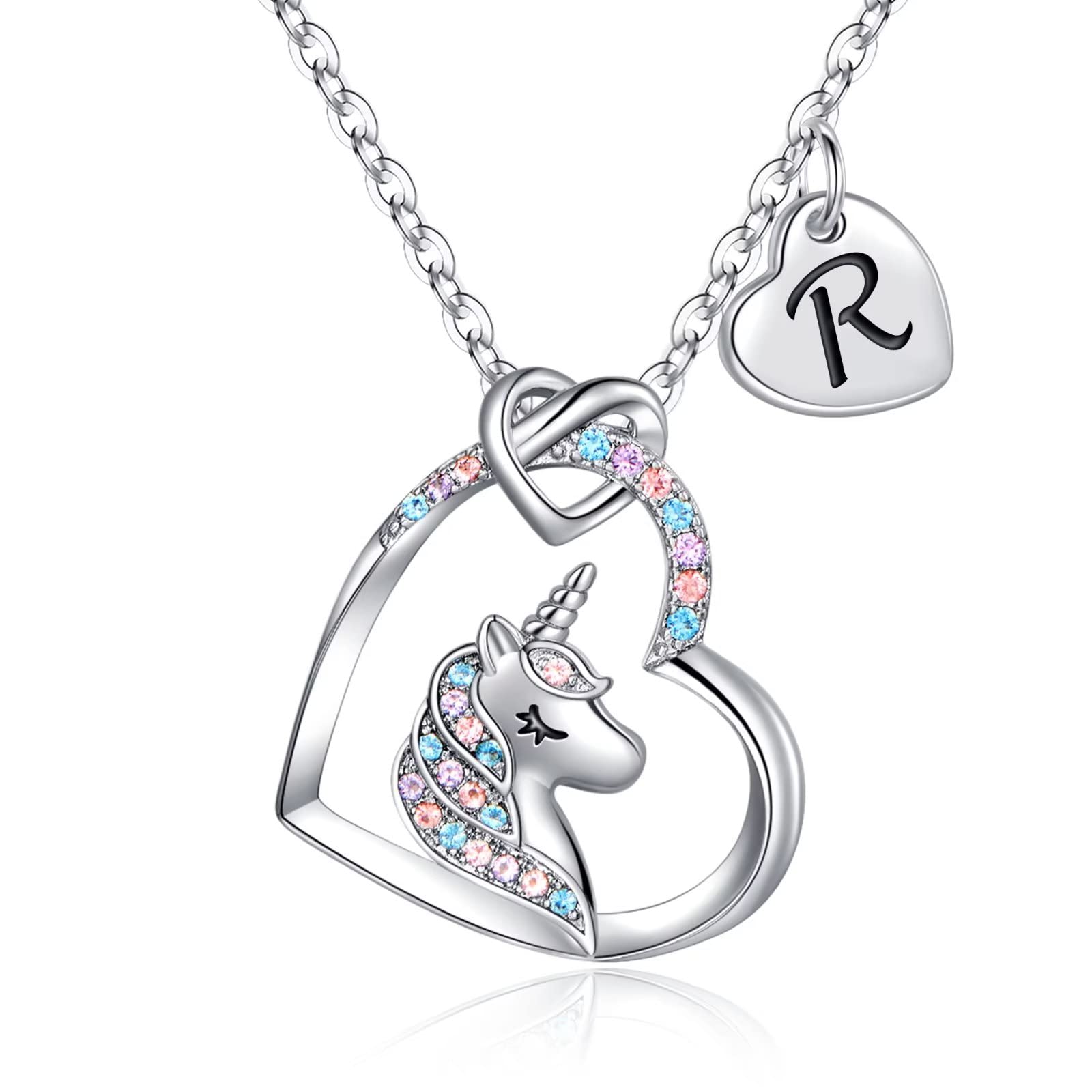 Hidepoo Unicorns Gifts for Girls Gifts, 14K White Gold Plated Heart R Initial Necklace Letter Unicorn Necklaces for Girls Birthday 6 Year Old Girl Gifts Heart Pendant Unicorn Necklace Gifts for Girls