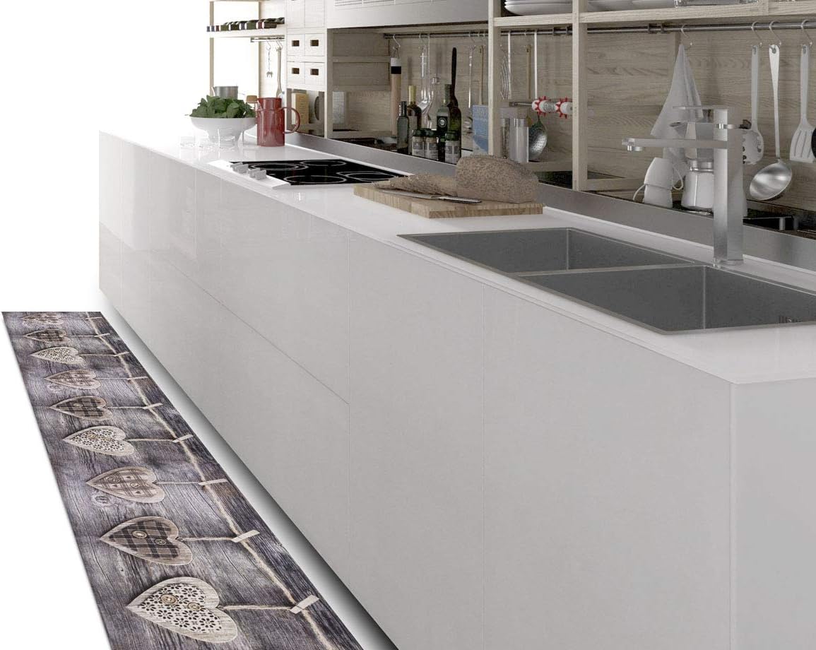 BIANCHERIAWEBGrey Non-Slip Kitchen Rug, Kitchen Runner 50 x 180 cm, Kitchen Runner Made in Italy with Digital Heart Print, Cut Rug with Anti-Slip Fabric