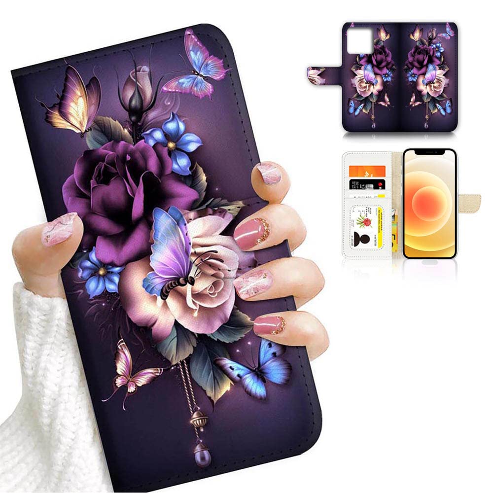 AJOURTEK for iPhone 11, Art Designed Flip Wallet Style Cover Case Fancy Flower Full Body Protection AD003 (#24886 Purple Rose Flower)