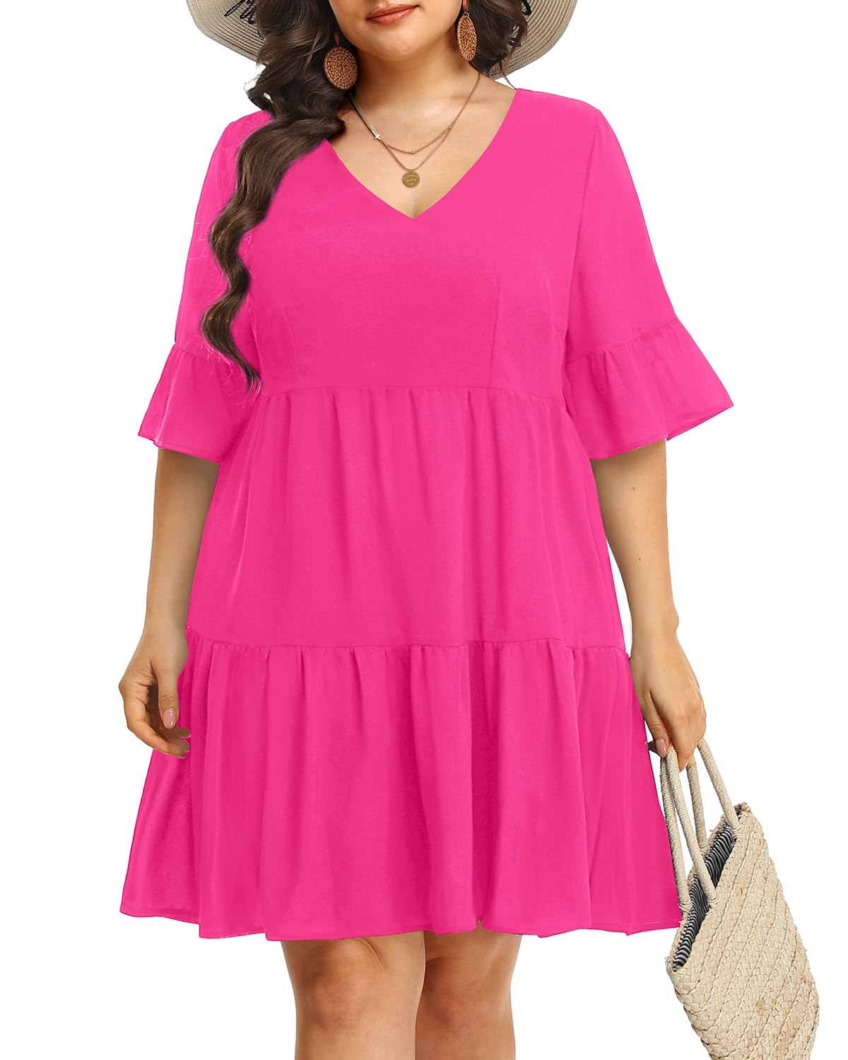 Pinup Fashion Plus Size Summer Babydoll Tiered Casual V-Neck Short Dress