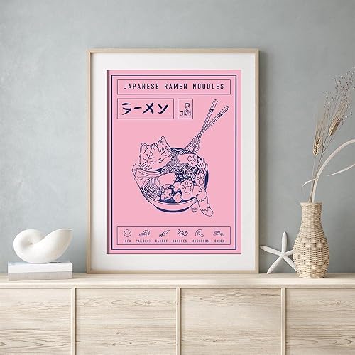 Miniatura 4 de Póster de gato de fideos ramen japoneses con lindos animales de dibujos animados rosados y azules impresión artística ilustrada para amantes de los