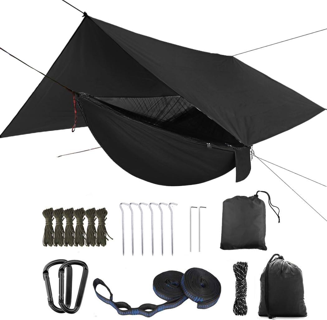 Oversized rain Tarpaulin,Camping Hammock with Mosquito Net Rain Fly Heavy Duty Tree Strap,Single Double Hammock Tent Waterproof Rainfly Set,Camping Backpacking Backyard Patio Hiking Travel Outdoor