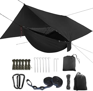 Oversized rain Tarpaulin,Camping Hammock with Mosquito Net Rain Fly Heavy Duty Tree Strap,Single Double Hammock Tent Waterproof Rainfly Set,Camping Backpacking Backyard Patio Hiking Travel（Black ）