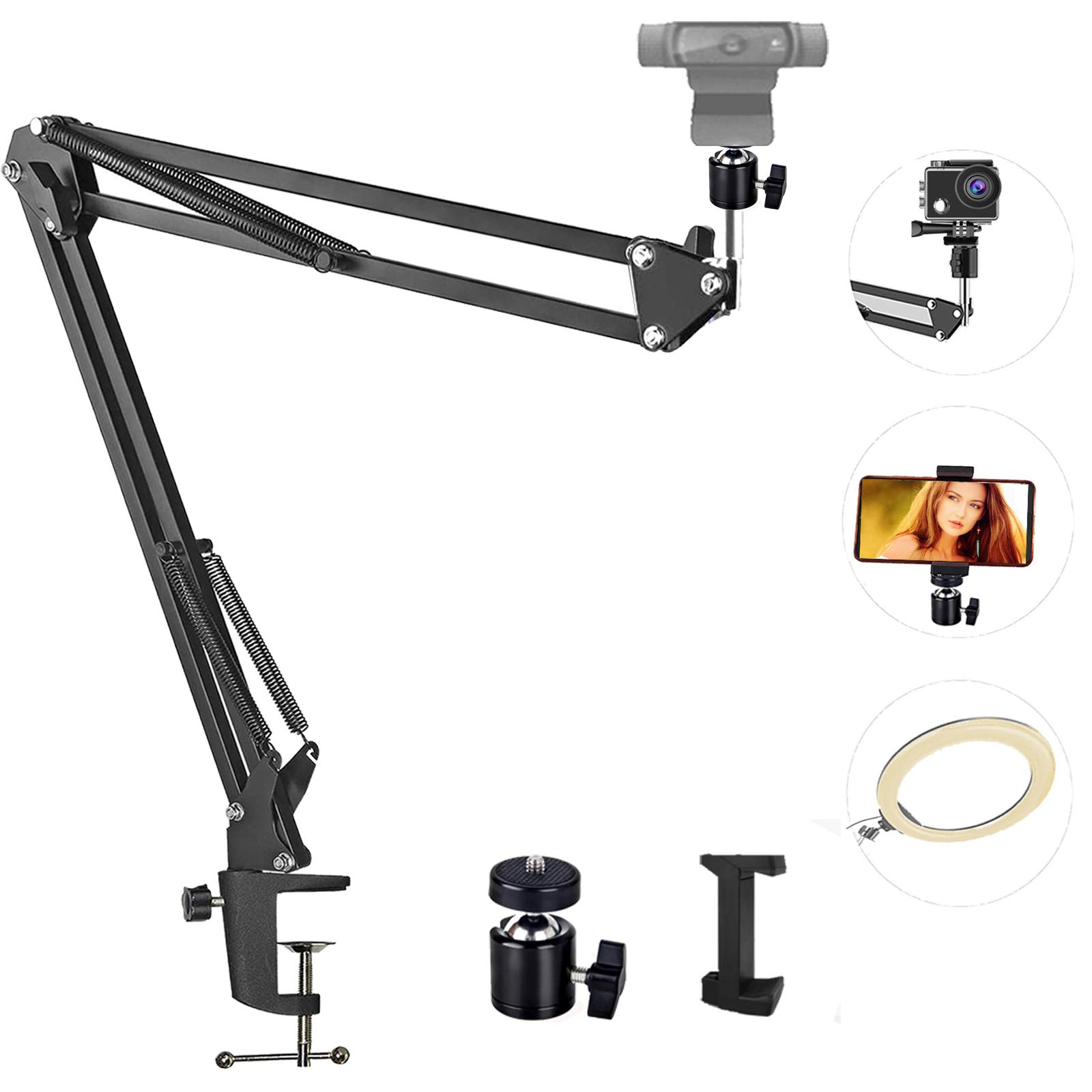 Desktop Webcam Boom Arm Stand, Anhendeler Overhead Tripod Mount for Logitech Webcam BRIO C920 C920S C922 C922x C925e C930 C930e,GoPro Hero 8/7/6/5, Arlo Ultra/Pro/Pro 2/Pro 3/Brio 4K, Phone Holder
