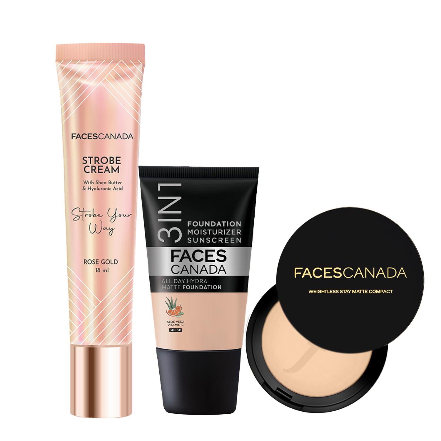 FACES CANADA Luminous Combo - Strobe Cream - Rose Gold (18 ml) + Weightless Stay Matte Compact Powder - Natural 02 (9 gm) + Hydra Matte Foundation - Rose Ivory 011 (18 ml) | Illuminating & Glowing Makeup Base | 10HR Long Wear