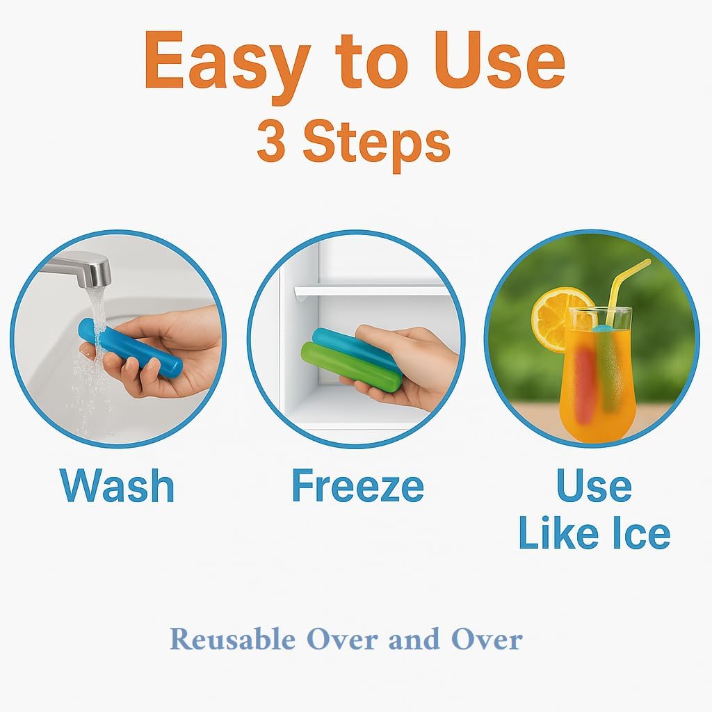 Reusable Ice Cube Sticks – Freezable, BPA-Free Cooling Sticks for Water Bottles, Cocktails, and Beverages (6)
