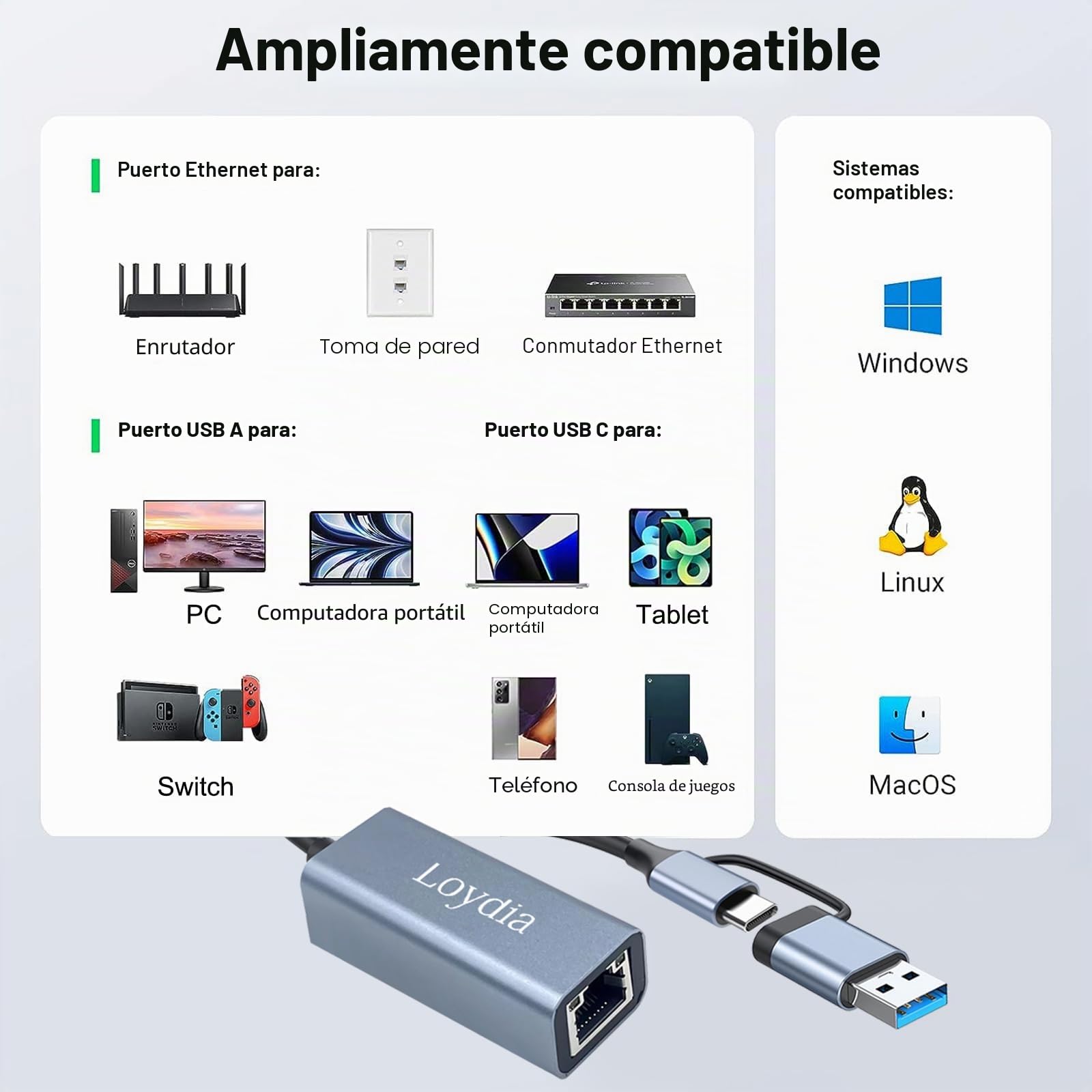 Loydia Adaptador USB C a Ethernet, Type-C a Gigabit LAN Ethernet Adaptador de Red USB 3.0 a Gigabit RJ45 ethernet 1000mbps para Laptop, MacBook, Huawei, Tablet