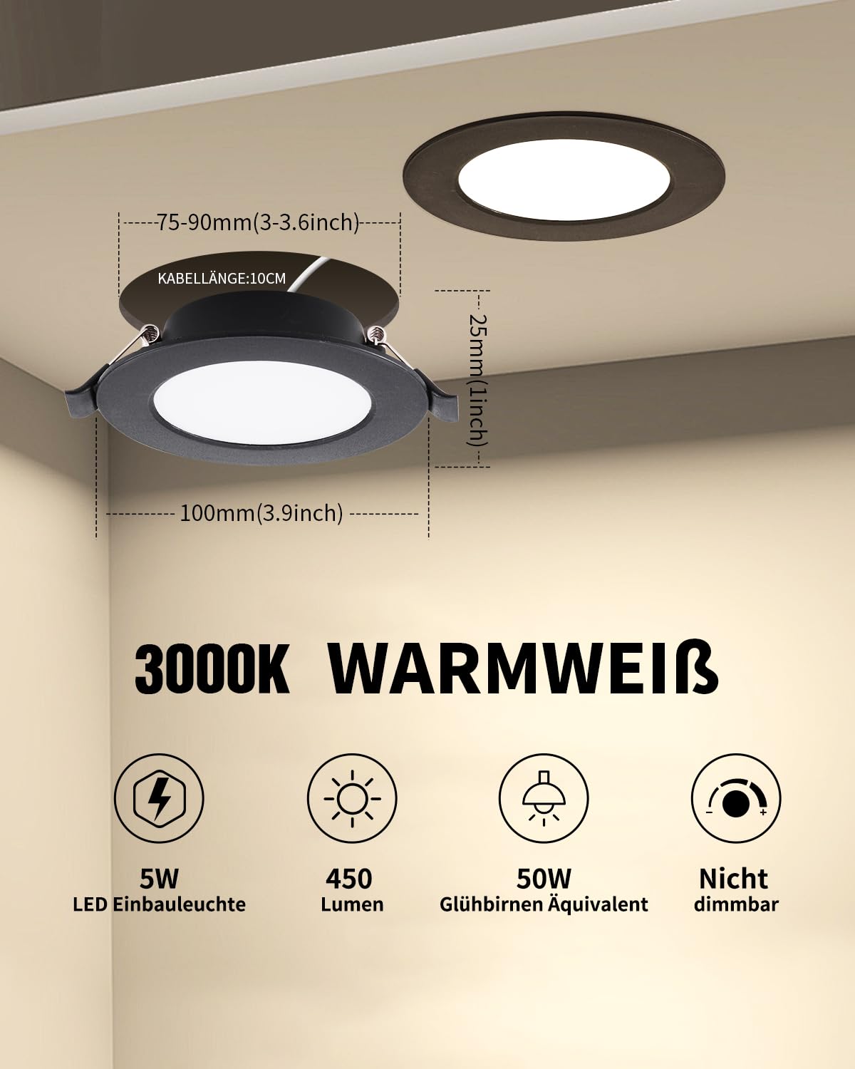 LED Spots Schwarz, 5W Deckenspots Schwarz 450LM,Rund Ø75-90mm Einbauleuchten für das Bad, Einbautiefe 25mm, Spots Deckenleuchte 3000K Warmweiß für Badezimmer Schlafzimmer, 20er set
