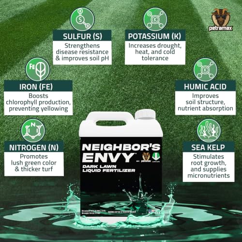 Image of PetraMax Neighbor's Envy Grass Fertilizer for Lawn & Garden, 1 Gallon Covers up to 16,000 sq.ft. 7-in-1 Liquid Lawn Fertilizer Concentrate for Deep Green Turf - Includes Nitrogen /Iron /Humic /Sea Kelp