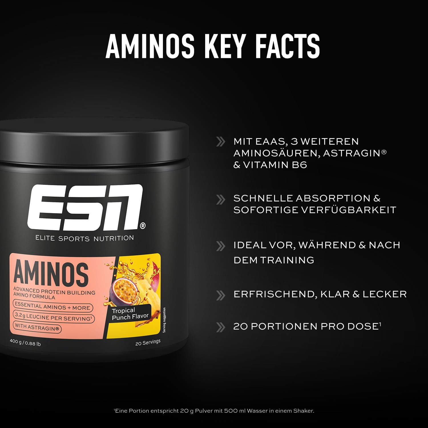 ESN AMINOS, Tropical Punch, 400 g, feines Amino-Pulver mit essentiellen Aminosäuren & Astragin, 3,2 g Leucin pro Portion, ideale Löslichkeit, vegan - made in Germany