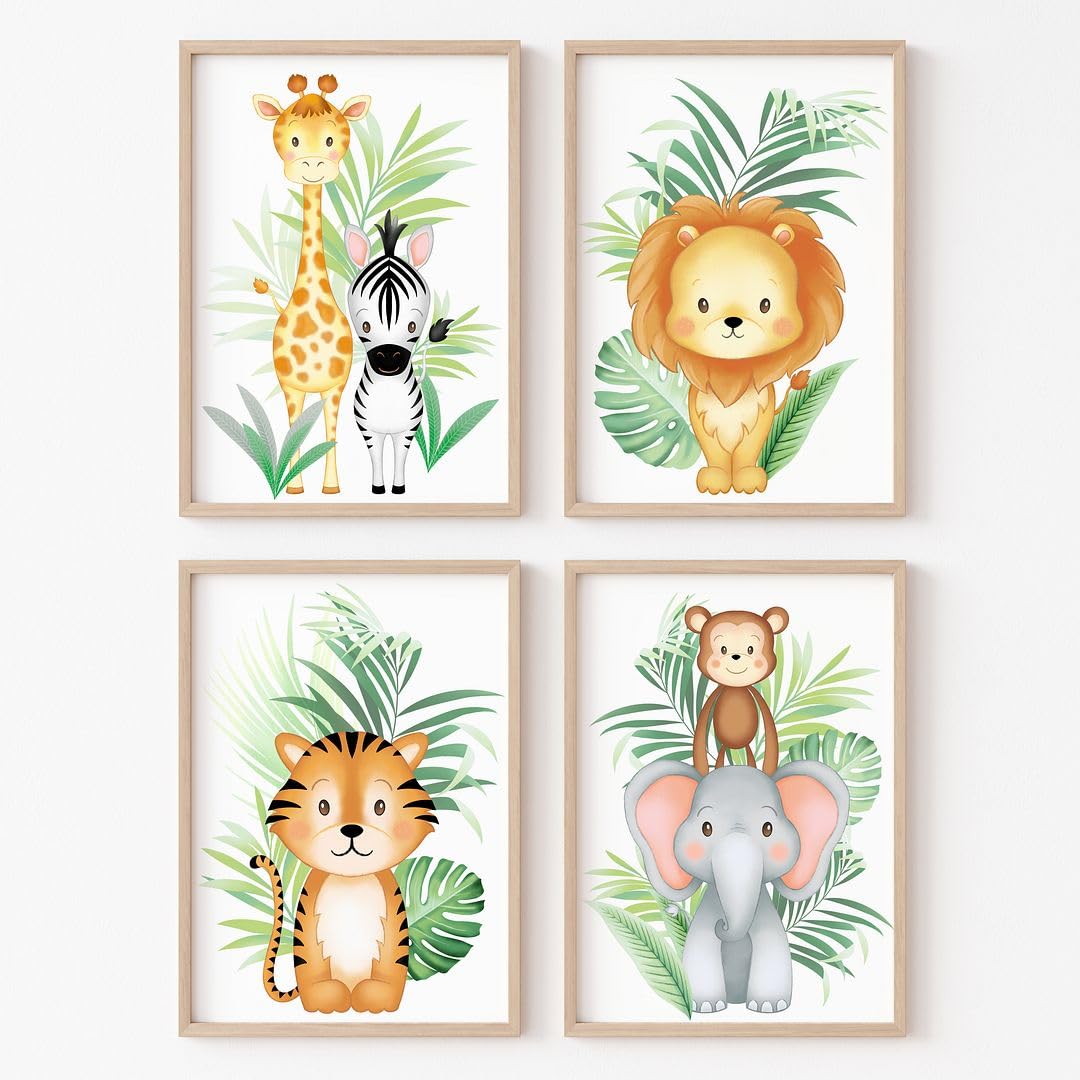 Rubybloom Designs 4 Print Pack (All 4 Prints) Safari Jungle Animal Nursery Print - A4 (21Cm X 29.7Cm) Unframed - Childrens Tiger Lion Giraffe Elephant Zebra Monkey Picture Wall Art Gift