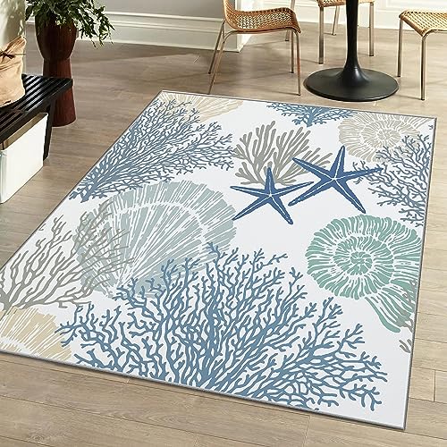 Image of Tritard 8x10 Washable Coastal Rug for Living Room, Bedroom, Blue