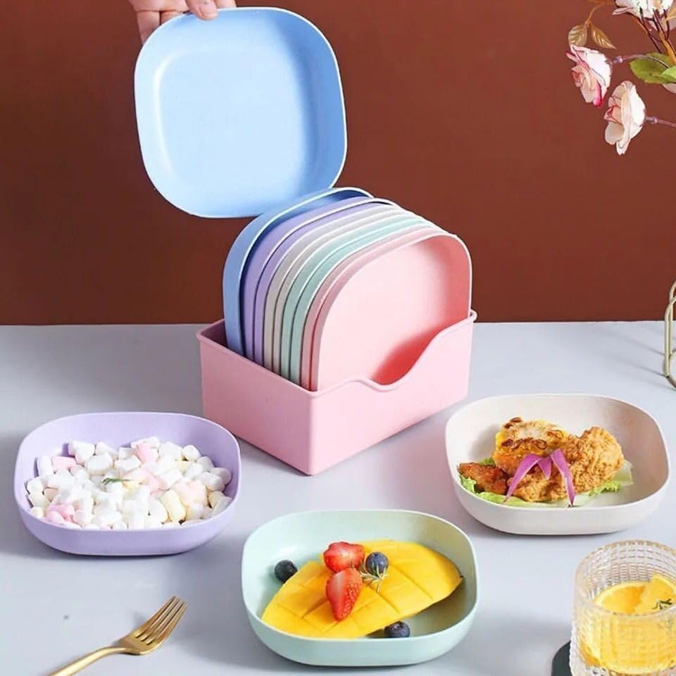 Square Plastic Dinner Plate Set of 10 Colorful Unbreakable Plates for Breakfast, Snacks, Fruits & Outdoor Picnic | Microwave & Dishwasher Safe PP Plastic Plates with Stand-image-38