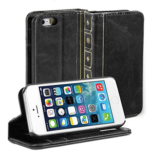 GMYLE iPhone 5s Case, Book Case Vintage for iPhone 5 / 5s - Black PU Leather Stand Case Cover