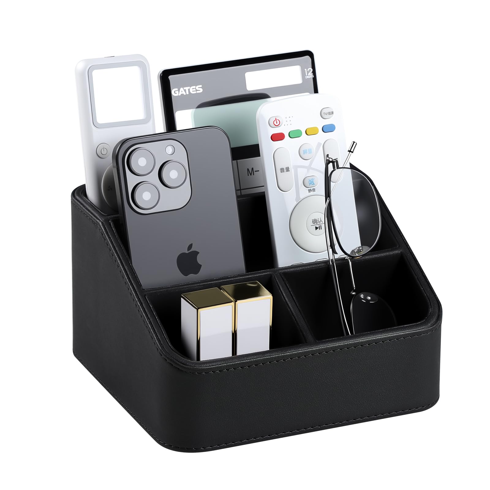 Remote Control Holder, PU Leather Small Desk Organizer with 4 Compartments, Nightstand Organizer Desk Caddy for Remote, Notepad, Phone, Glasses, and Accessories (Black)