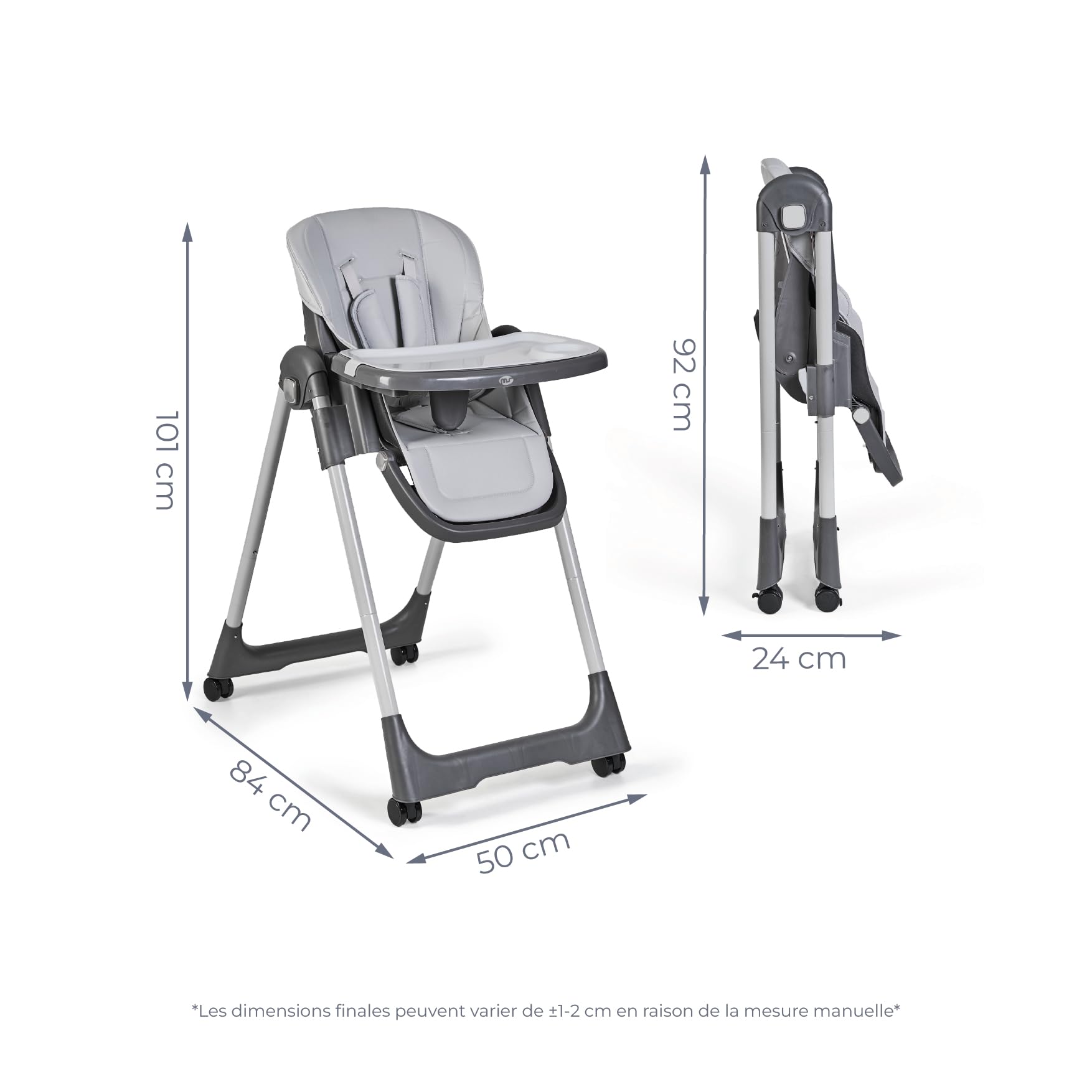 Ms BabyWorld - Chaise haute évolutive pour bébé Tasty | 7 positions de hauteur et 3 inclinaisons | Plateau amovible et repose-pieds réglable | Portable, pliable, jusqu’à 3 ans (Gris)