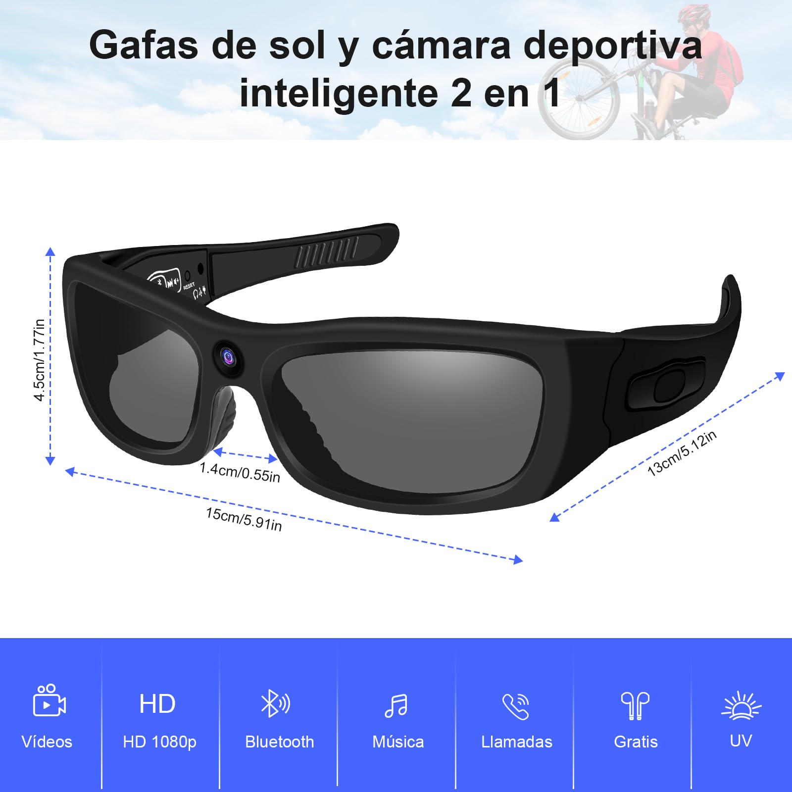 CYI Cámara Deportiva con Gafas de Sol - Action CAM 1080P Bluetooth 5.0, Videocámara Impermeable con Llamadas/Música, 100 Min Autonomía, para Ciclismo/Moto/Running (Incluye Auriculares)