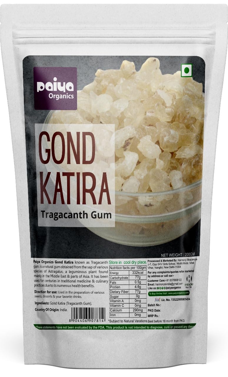 Paiya Organics Gond Katira Pure Organic Edible Gum Tragacanth Gum Almond Gum | Gond Katira | Badam Gum Gond for Smoothies & Falooda Summer Drinks (200Gm) (B0D7S1HZ64) Amazon Price History, Amazon Price Tracker