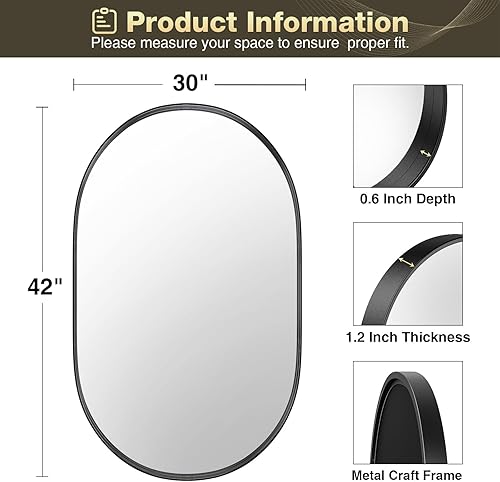 Miniatura 4 de Brightify Espejo ovalado negro para pared de 30 x 42 pulgadas, espejo de tocador de baño con marco de metal, moderno espejo de píldora para