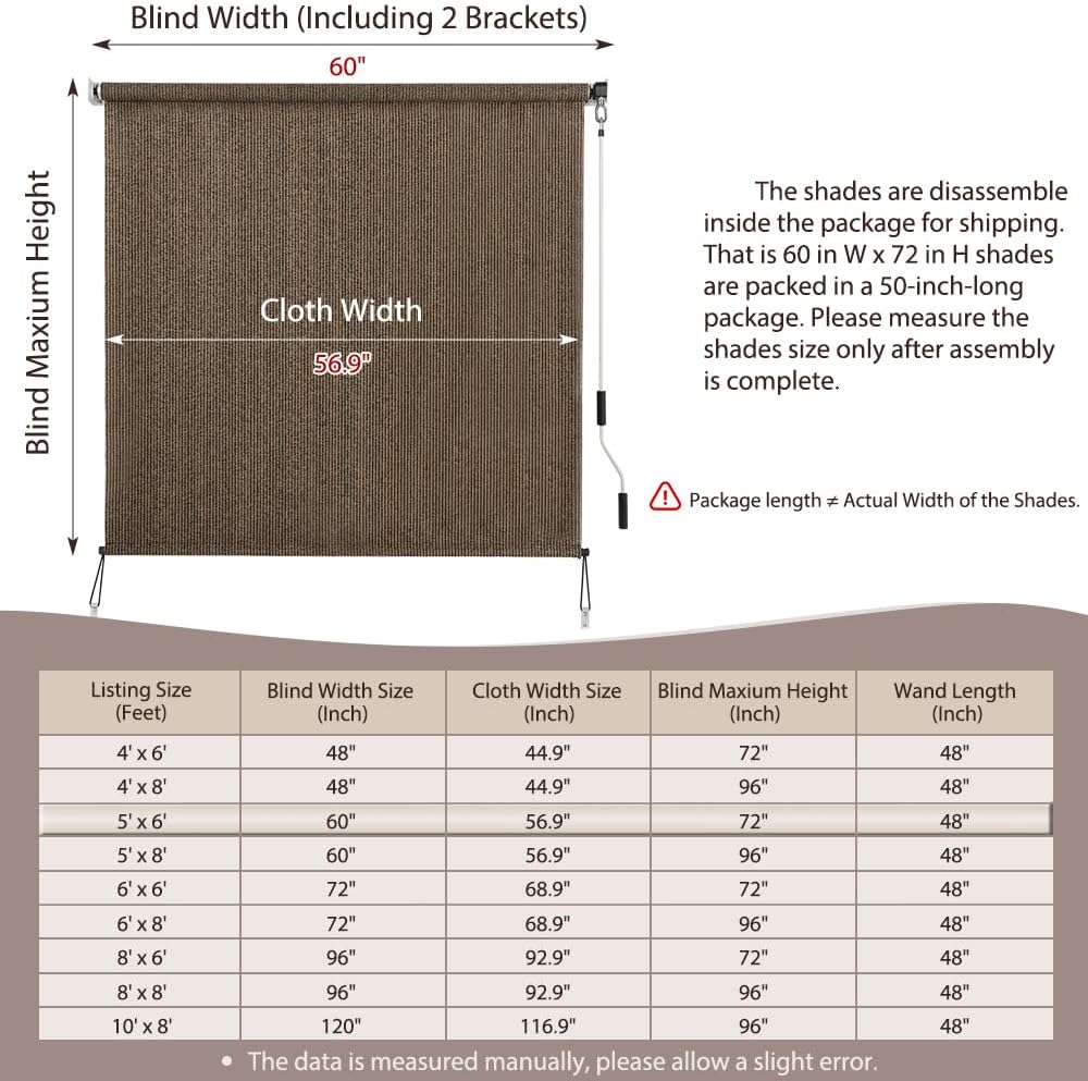 SEEYE Outdoor Sunshade Roller Shades 60" W x 72" H, Cordless Roll Up Shade Blinds Privacy Screen with 90% UV Protection, Exterior Patio Shade Cloth for Porch Pergola Balcony Windows, Mocha