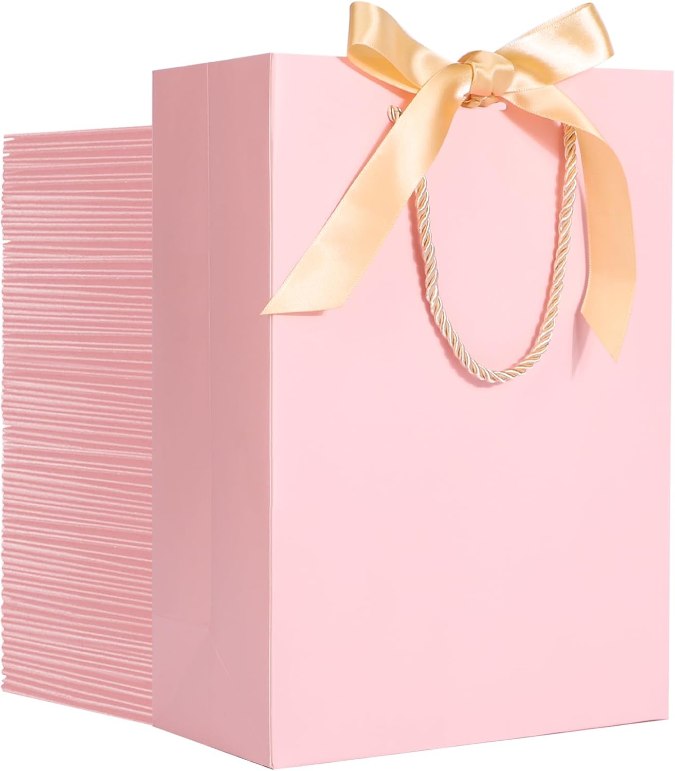EUSOAR Pink Gift Bags with Ribbon Bow, 50pcs 7.8"x3.9"x11" Thank You Gift Bags with Handles, Gift Retail Wrapping Treat Bags Bulk for Wedding Baby Shower Birthday Bridesmaid Business Holiday Party