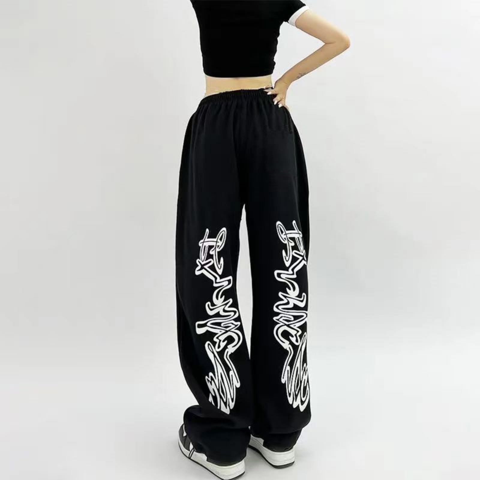 Pantalones deportivos de baile hip hop, ajuste holgado, estampado de graffiti, cintura elástica, color blanco y negro, S-3XL