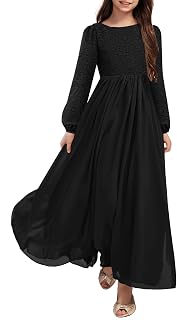 Girls Long Sleeve Maxi Dress Vintage Chiffon A-Line Formal Junior Bridesmaid Dresses for Fall Wedding Party