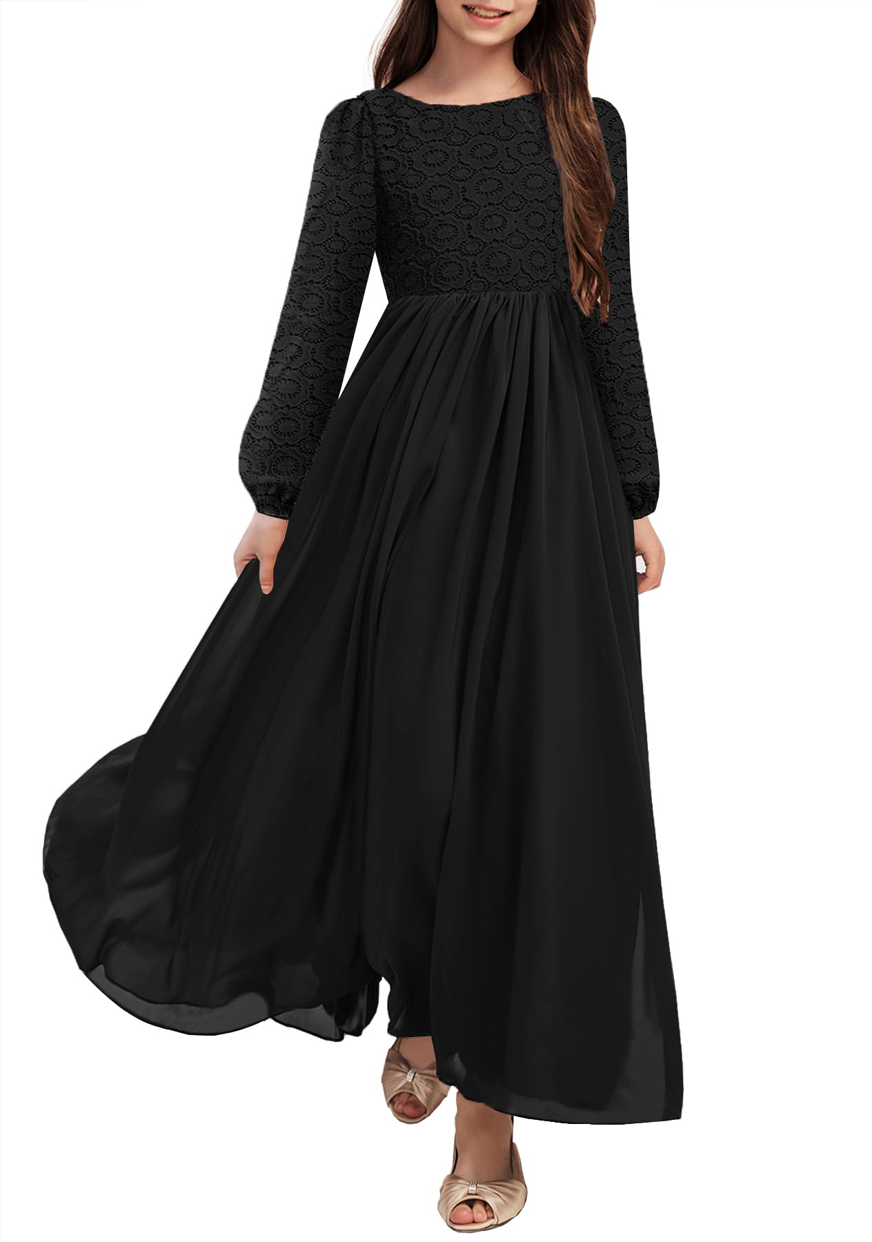 Photo 1 of HOSIKA Flower Girls Dress Long Sleeve A-Line Boho Vintage Chiffon Formal Maxi Dresses for Wedding Party
