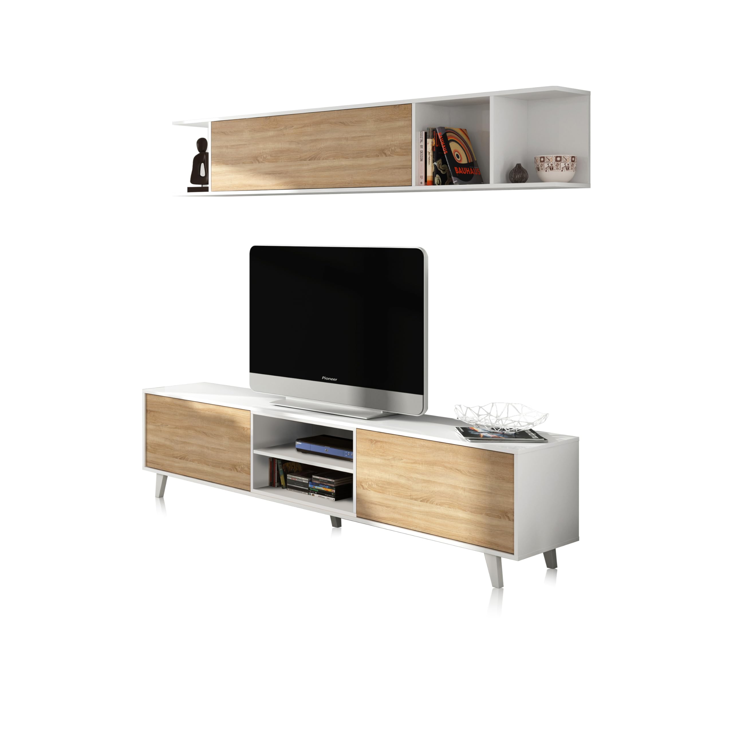 duehome | Mueble de salón, Comedor, Módulo TV + Estante, Modelo Niva, Color Blanco Brillo y Roble Canadian, Medidas: 180 cm (Ancho) x 51 (Alto) x 41 cm (Fondo)