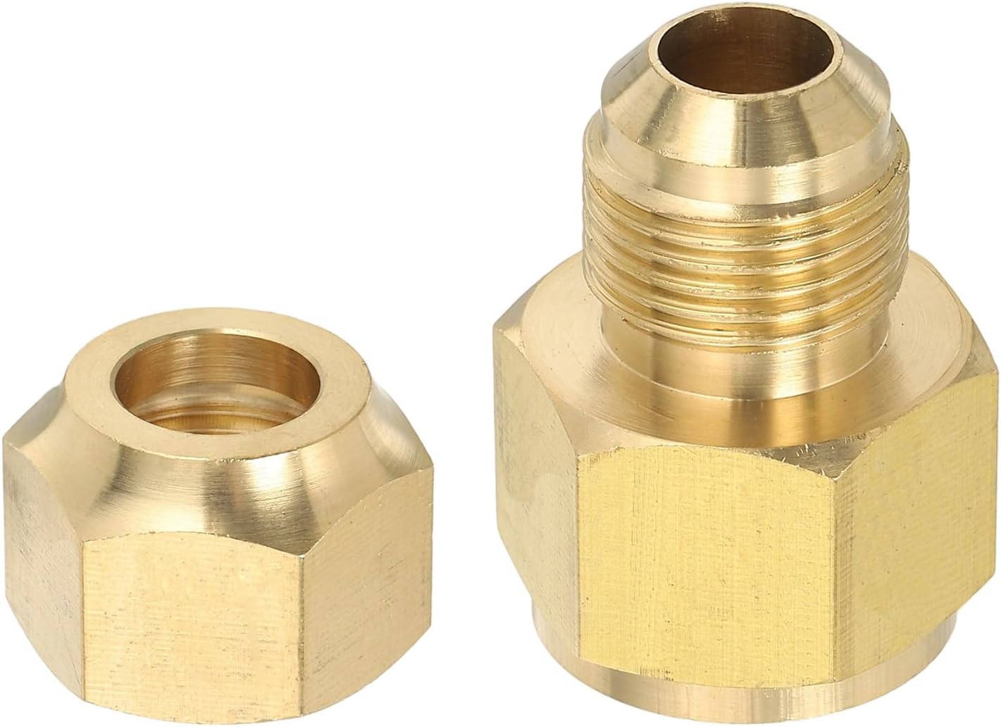 PATIKIL Brass Pipe Fitting, 2Pcs 3/8"G Female x 1/4" Flare Male Reducer Adapter SAE 45 Degree Brass Flare Pipe Extension Connector with Nut for Air Conditioner Gas Line Refrigeration HVAC